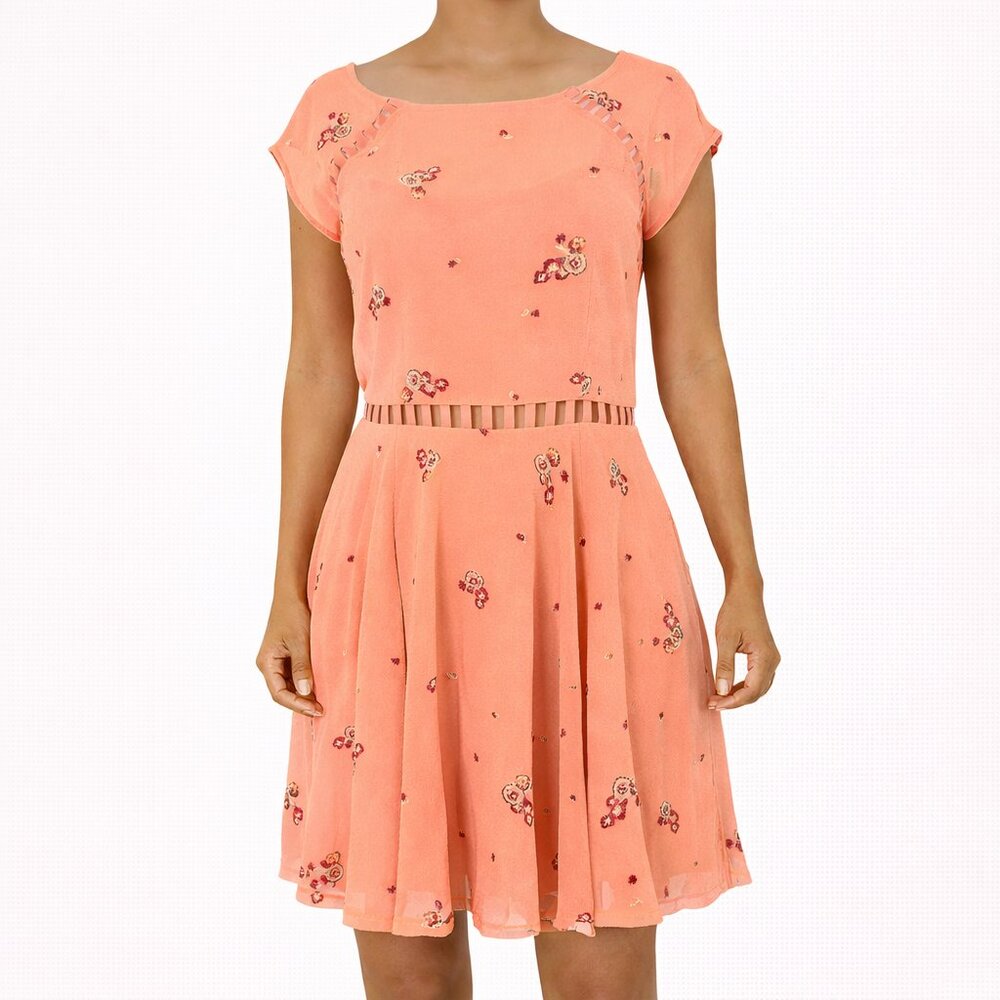 FP Peach Floral Chiffon Cap Slv Dress RARE Cutout Party Comfy Boho Spring Summer